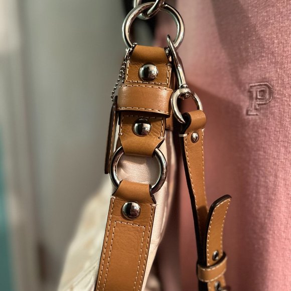 Coach NWOT Vintage Zoe Tan Beige Satin & Leather Shoulder Bag F14711 - Picture 6 of 10